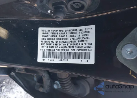 2017 Honda Civic Ex z USA, uszkodzony, nr VIN 19XFC2F72HE024028